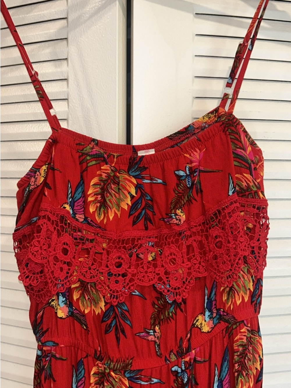 Red Floral Crochet-Trim Spaghetti Strap Women’s Top